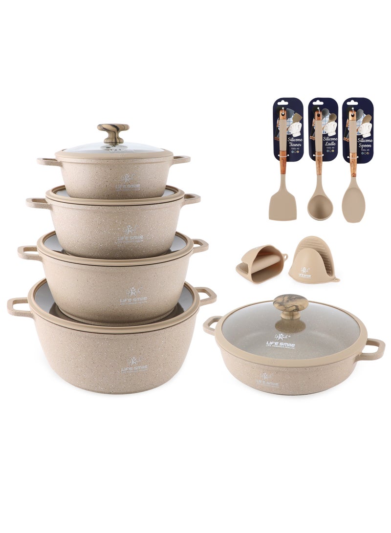 Life Smile Multi Layer Granite Non-Stick Cookware Set with Induction Bottom – 20/24/28/32cm Aluminium Soup Pots with Lid,28cm Shallow Pot with Lid,3pcs Silicone Utensils & 2pcs Silicon Gloves – Oven Safe - Image 1